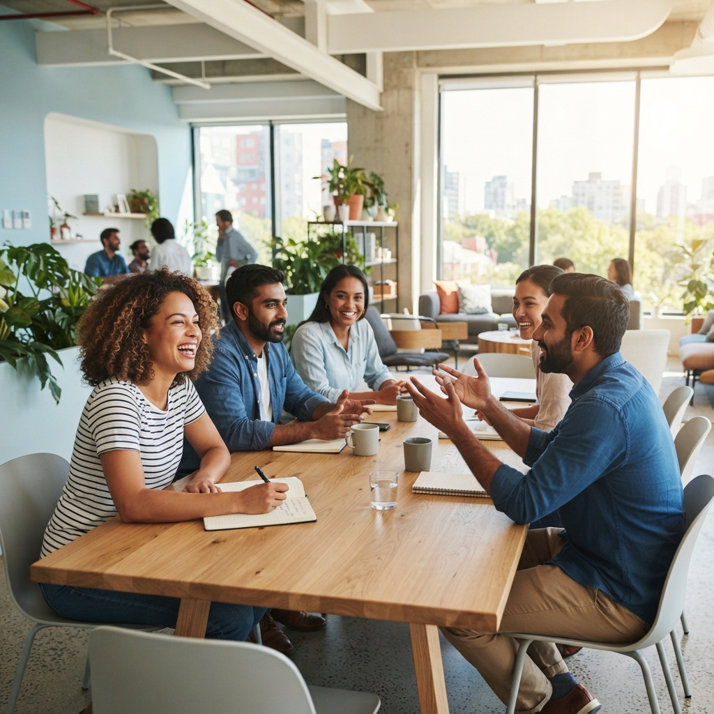 A happy team collaborating in a bright open office