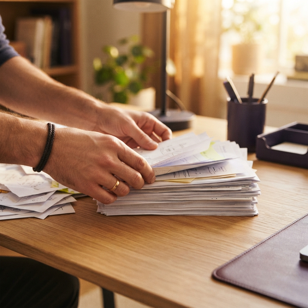 Hands organizing a cluttered desk into a tidy stack