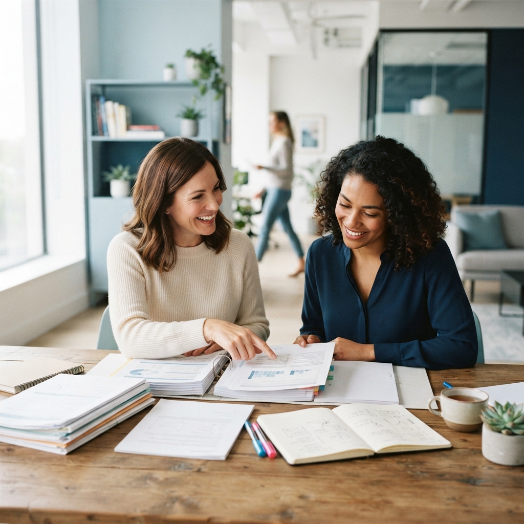 Two colleagues collaborating over organized work documents
