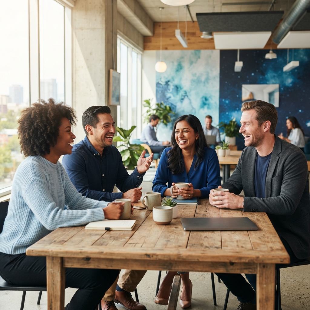 A happy team collaborating in a bright modern office