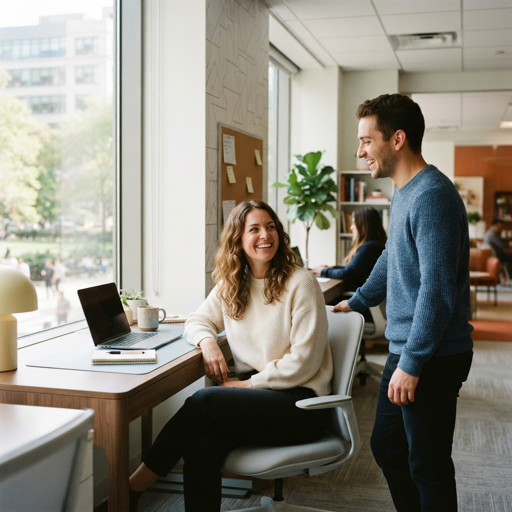 An operations lead having a relaxed conversation at work
