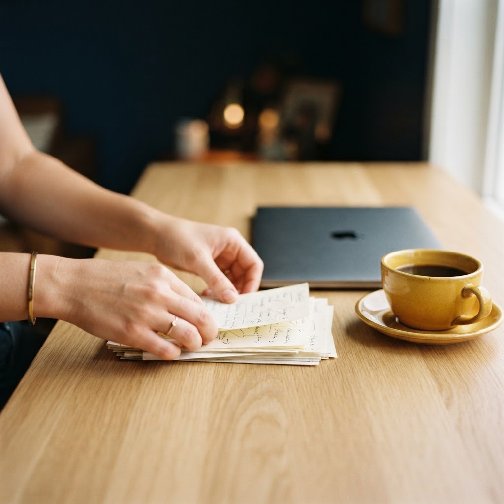 Organized desk space with notes and a laptop