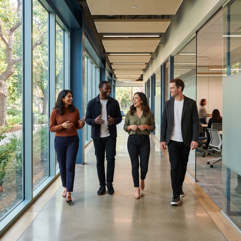 Diverse team walking together through a bright modern office