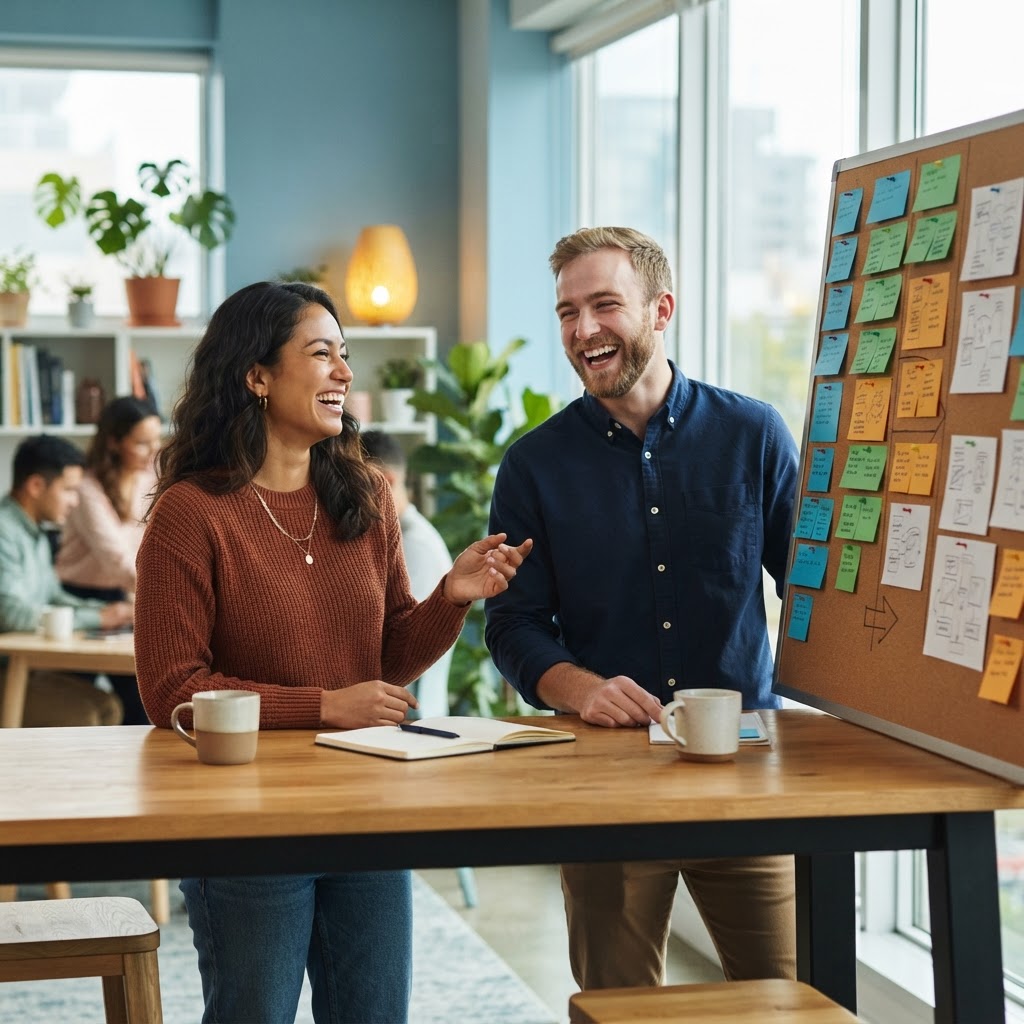 Two colleagues laughing and collaborating in a modern office