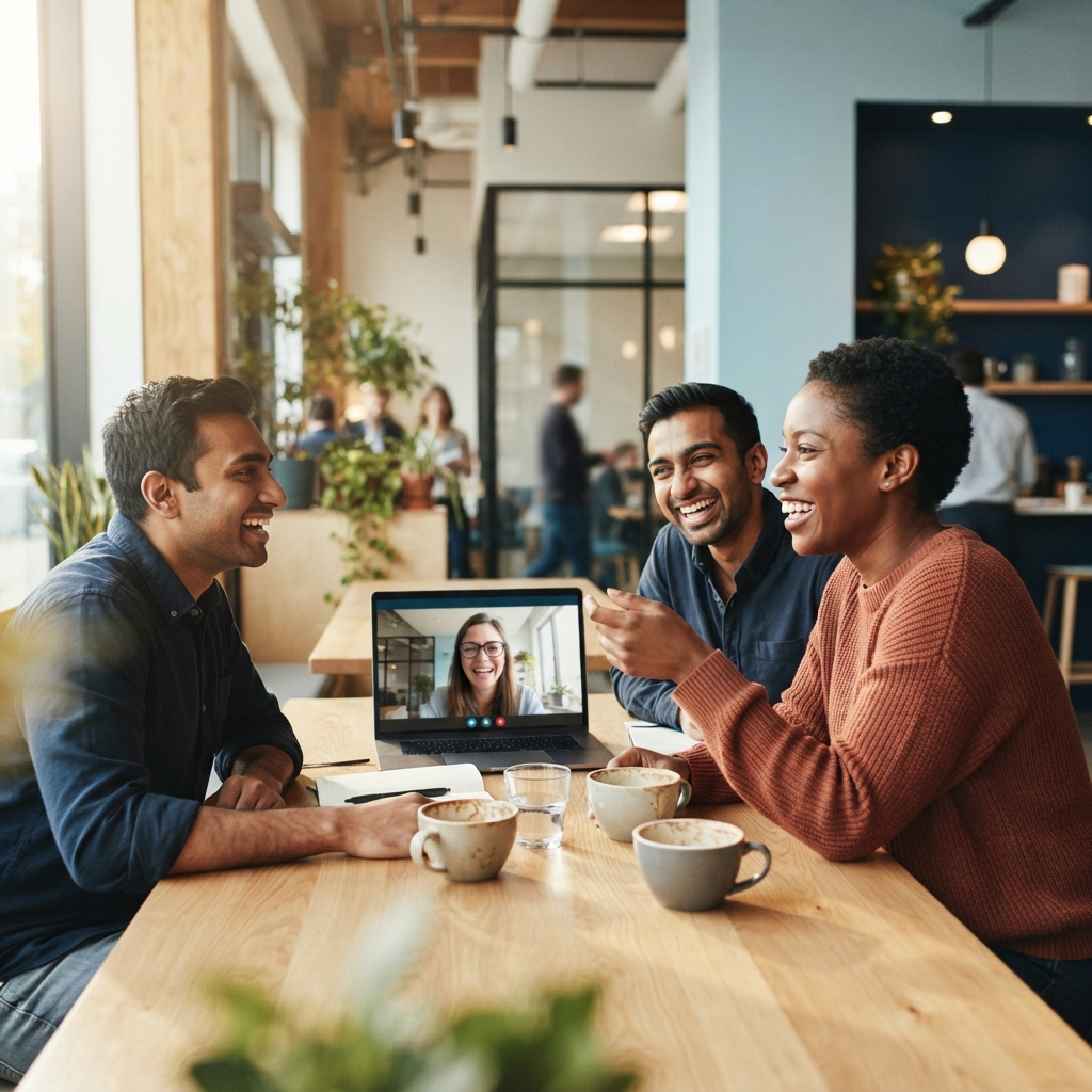 Diverse team members collaborating in a bright workspace