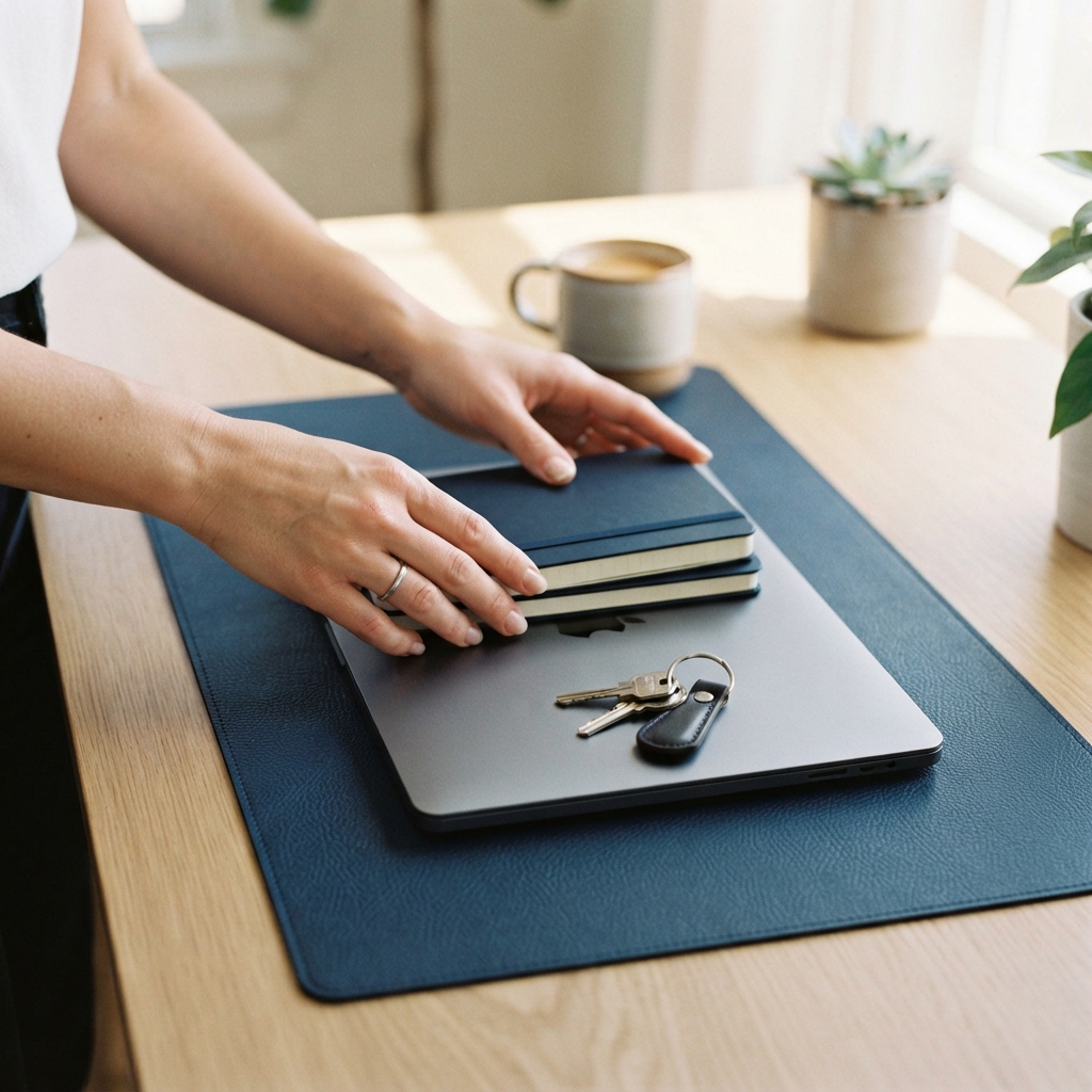 Hands organizing professional items on a clean desk