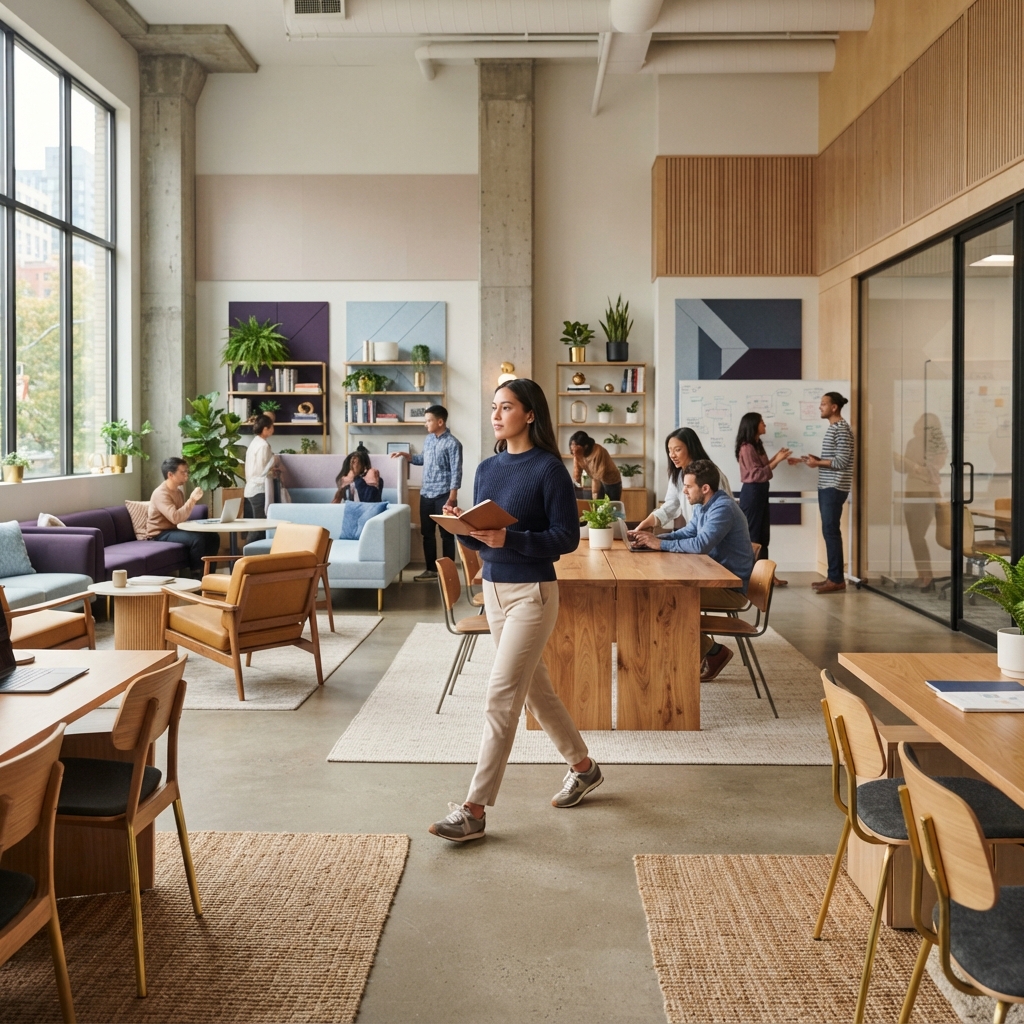 Person walking through a modern and organized office space