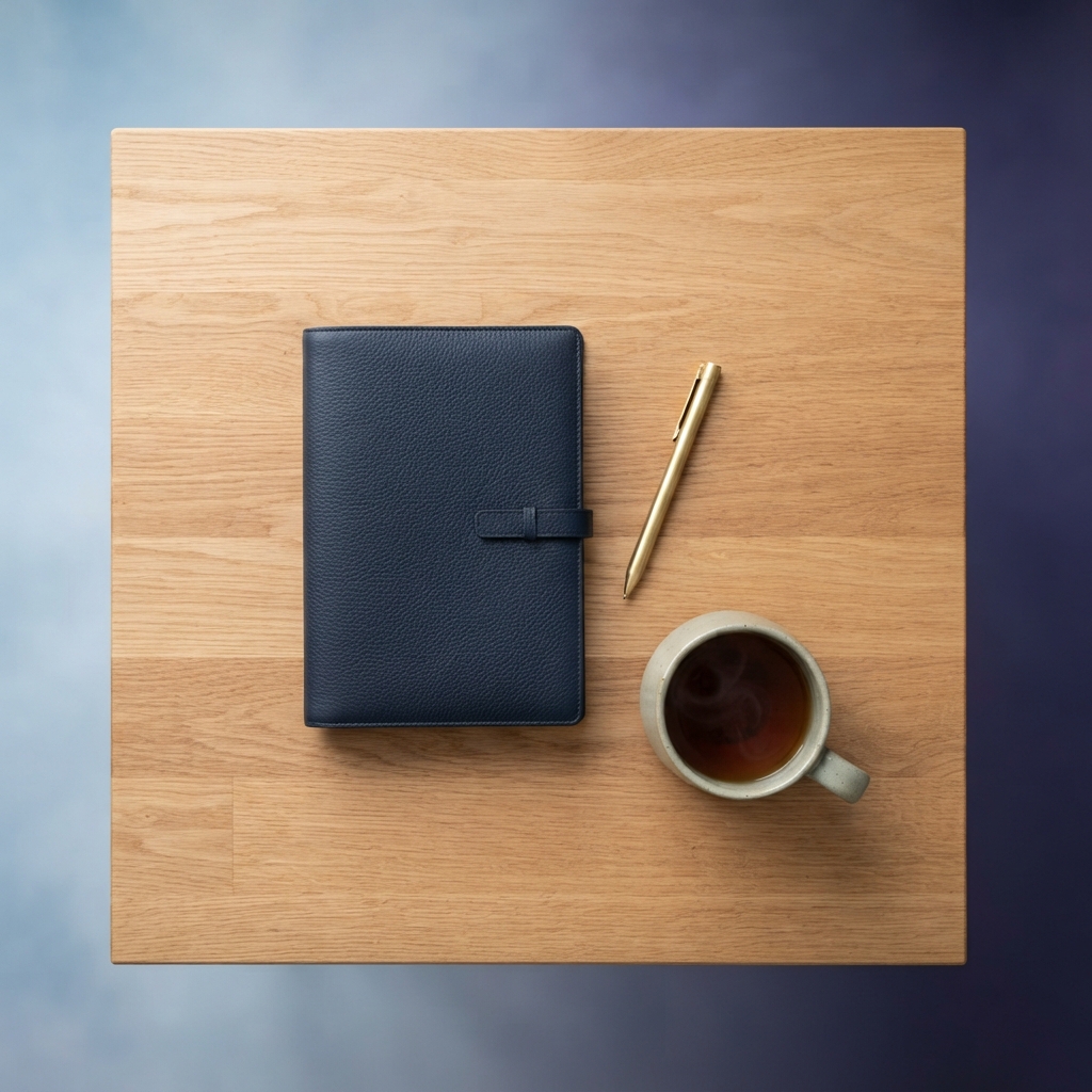 Minimalist desk setup with planner and pen