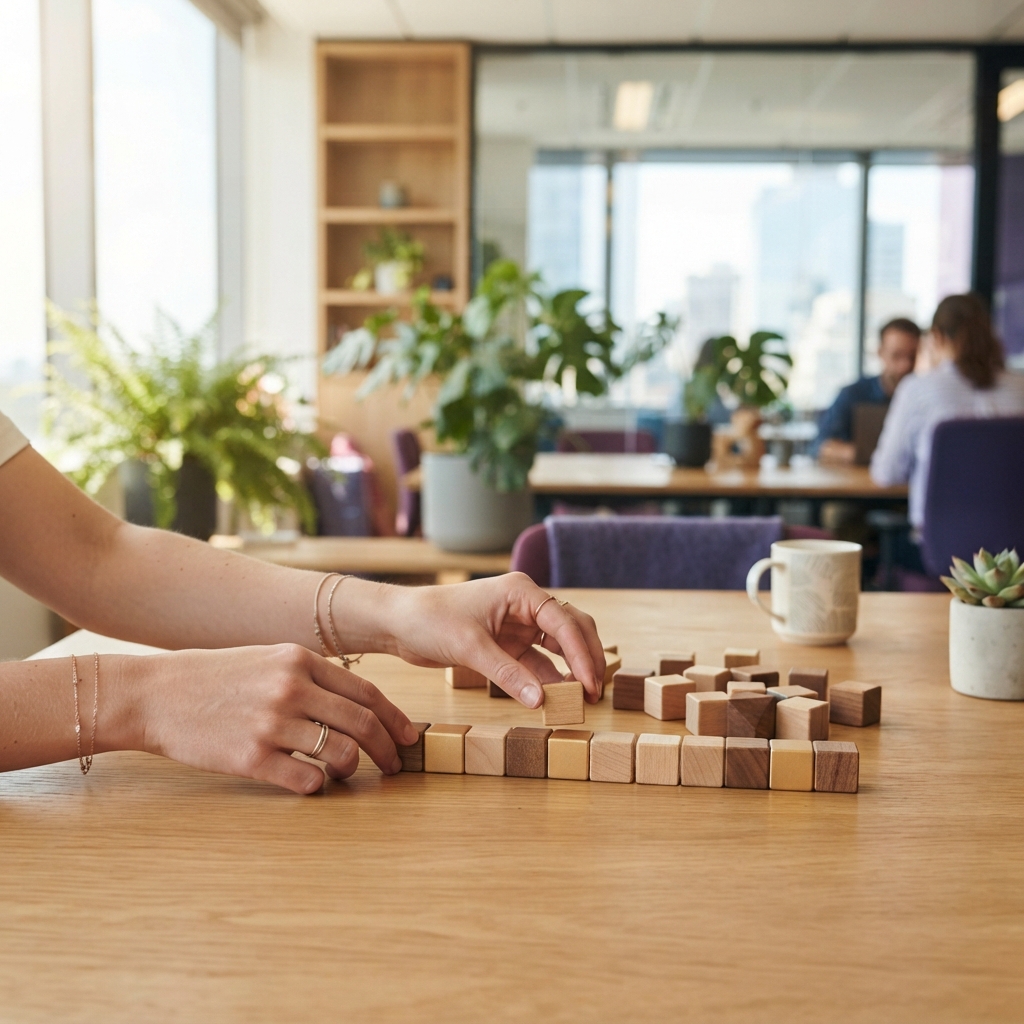 Organizing wooden blocks on a desk representing team structure