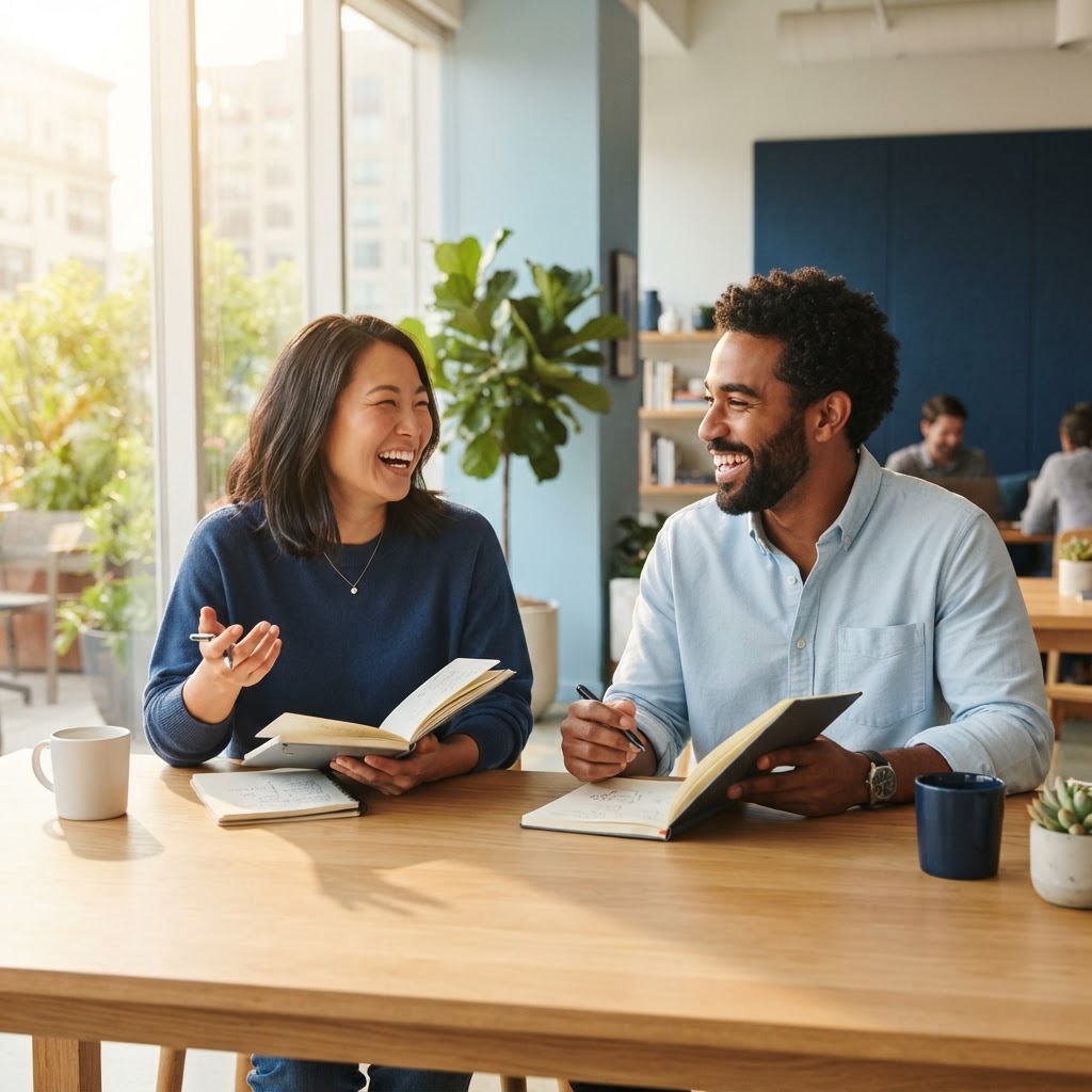 Two colleagues collaborating and laughing in a bright office