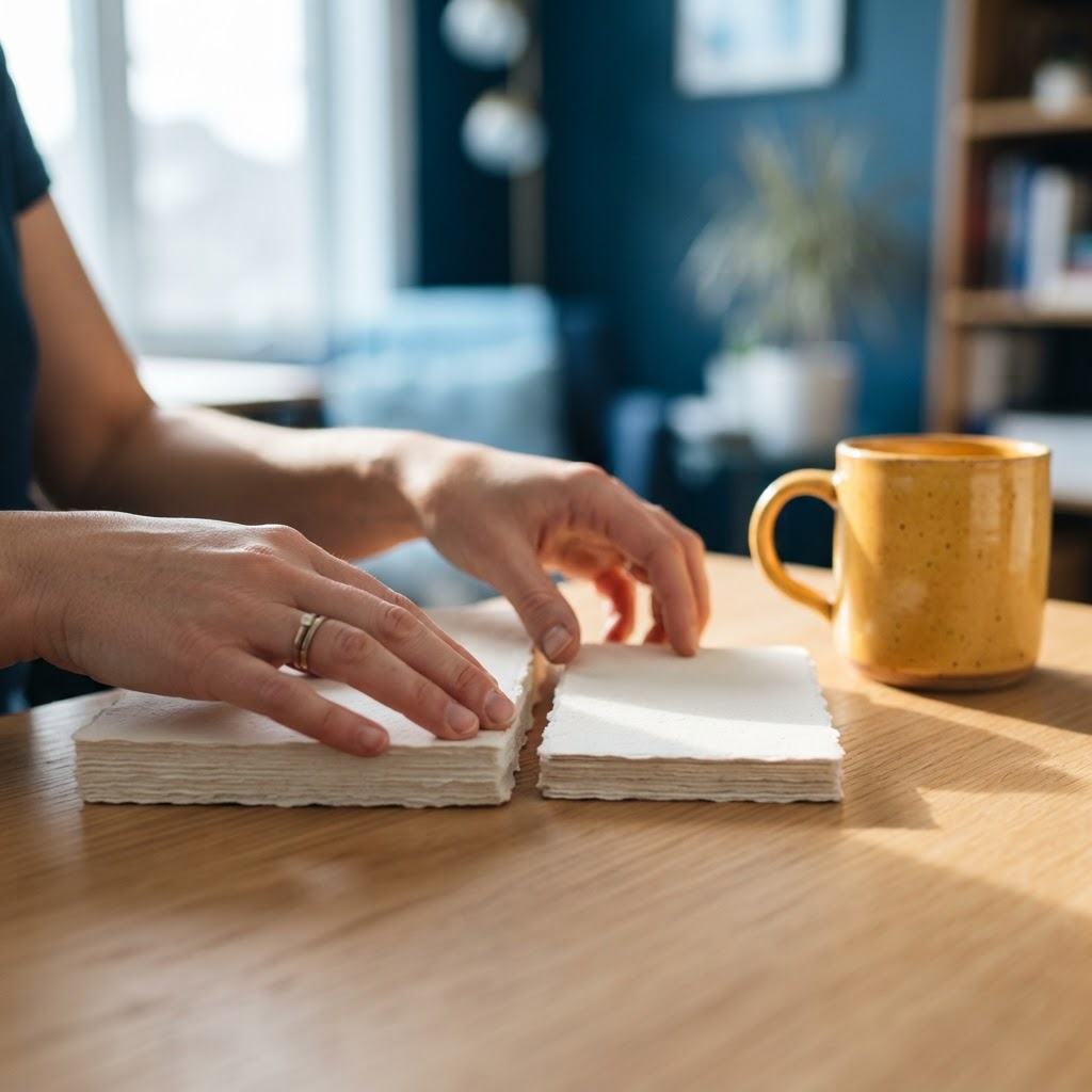 Close up of hands organizing paper documents on a wooden desk