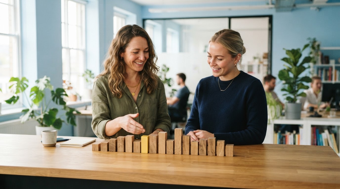Founder and operations lead discussing growth tiers using wooden blocks