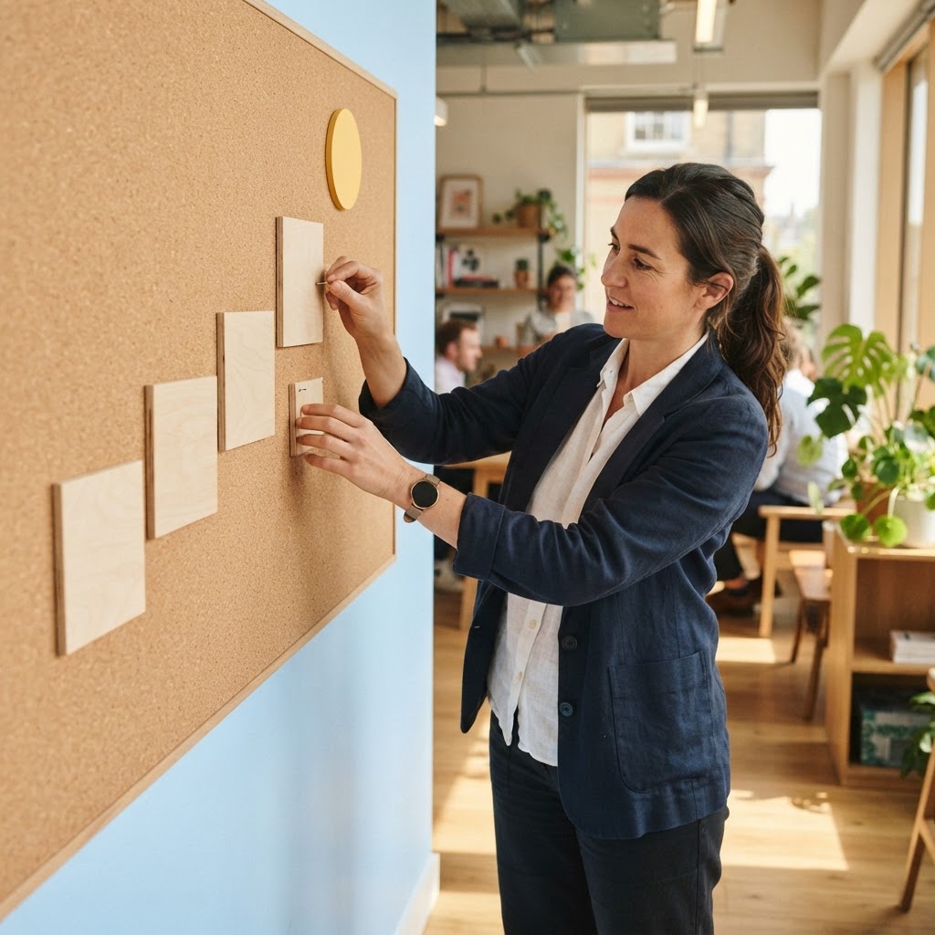 Operations lead organizing a wall display of wooden tiles