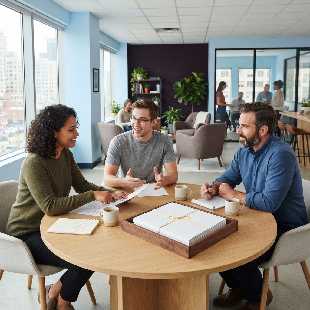 Team collaborating at a round wooden table in a bright office