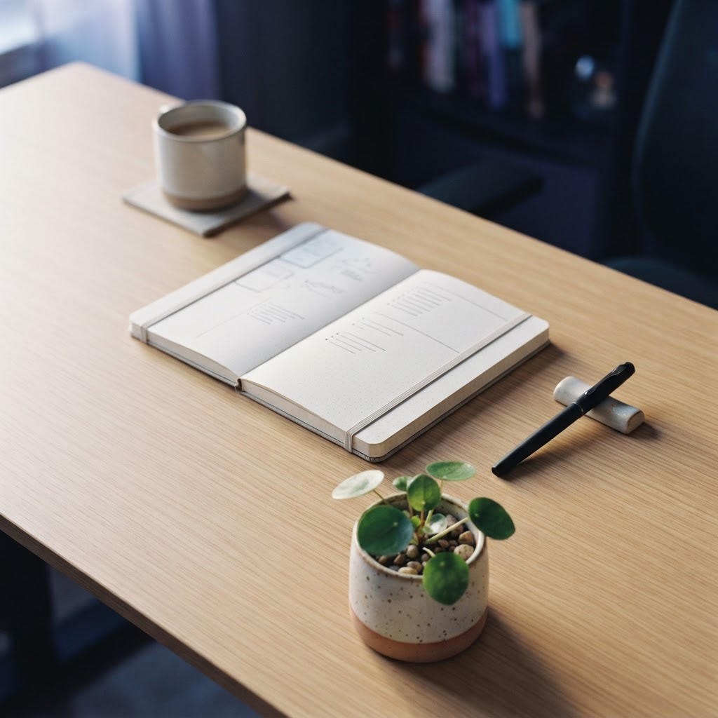 A clean and organized workspace on a desk