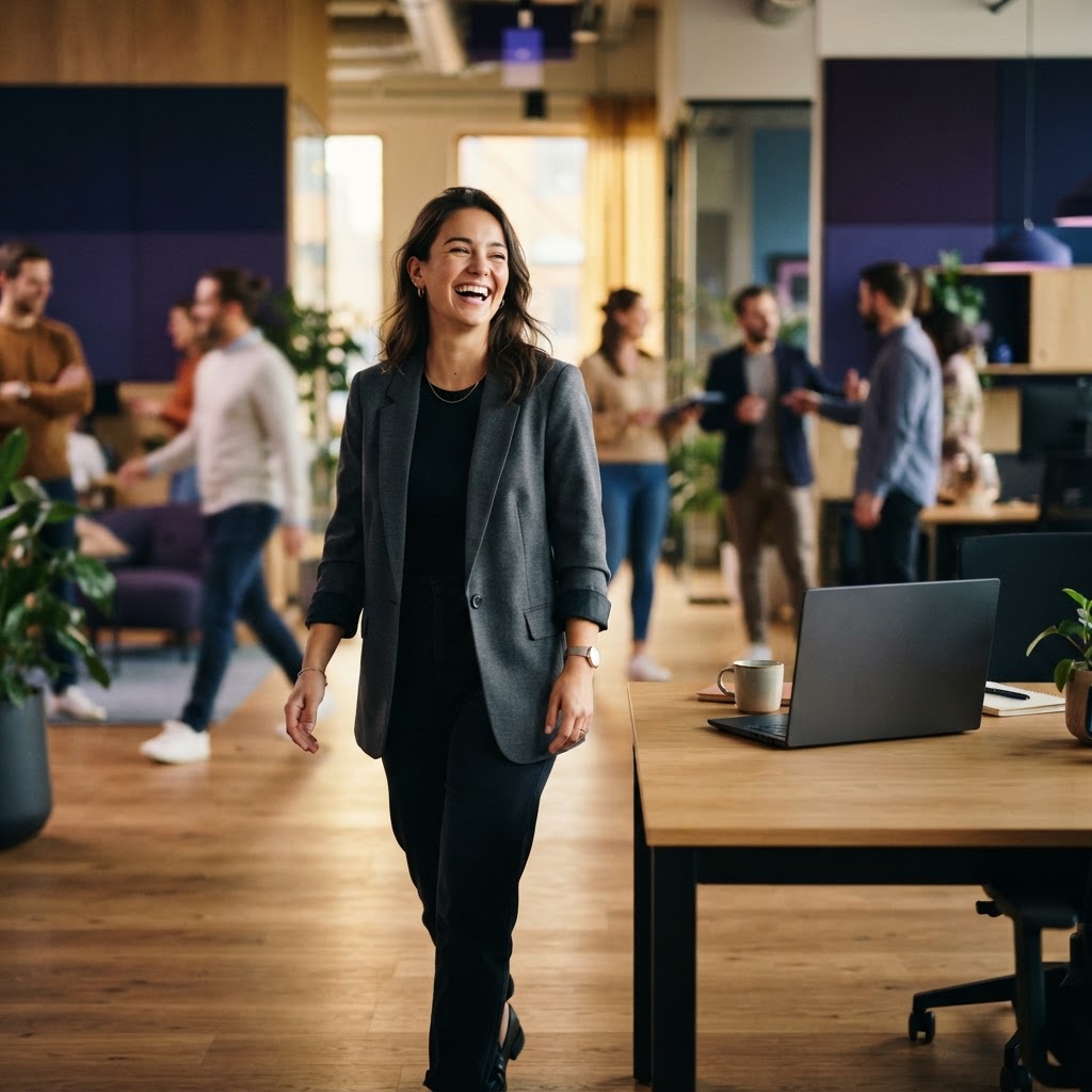 A happy employee moving away from a desk in a modern office