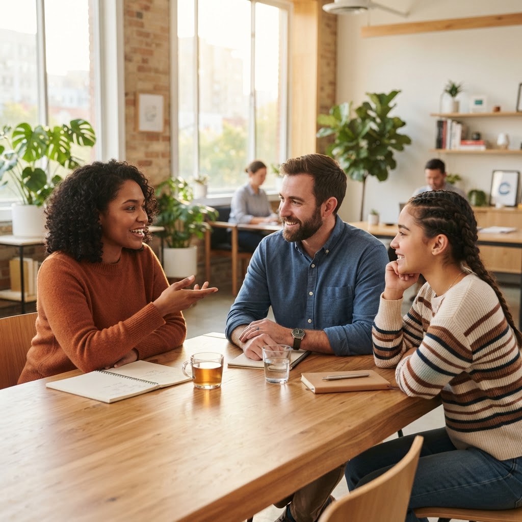 A team having an engaged conversation in a bright office