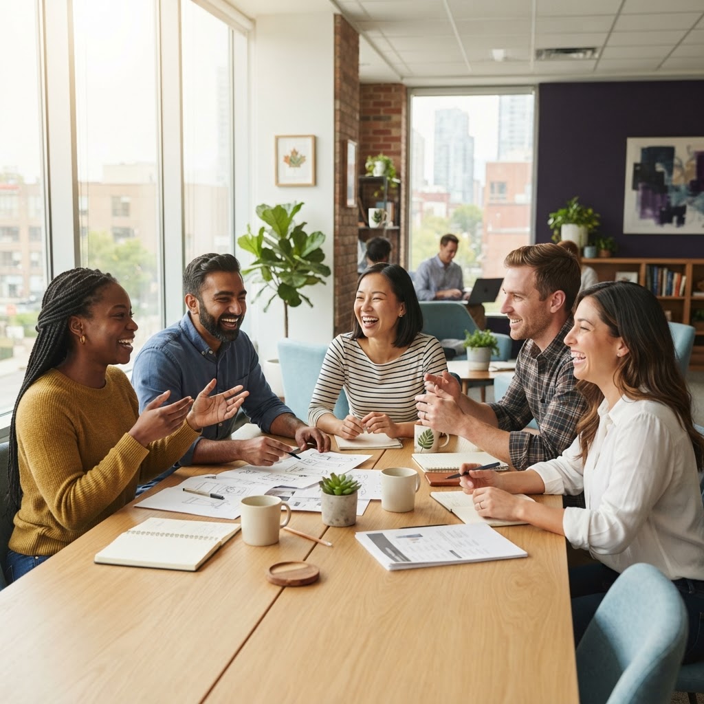 Diverse team collaborating in a bright modern office