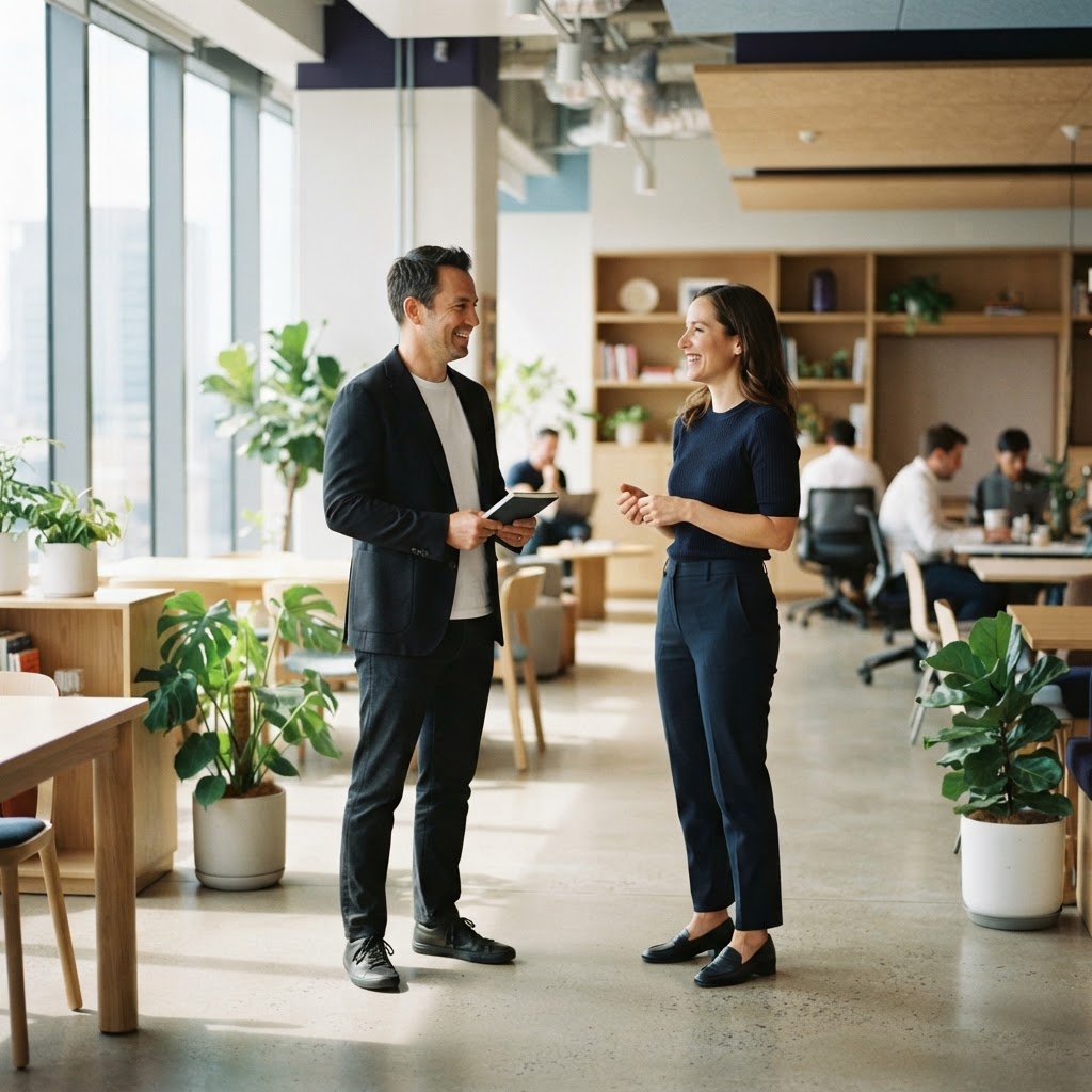 Founder and operations lead having a relaxed conversation