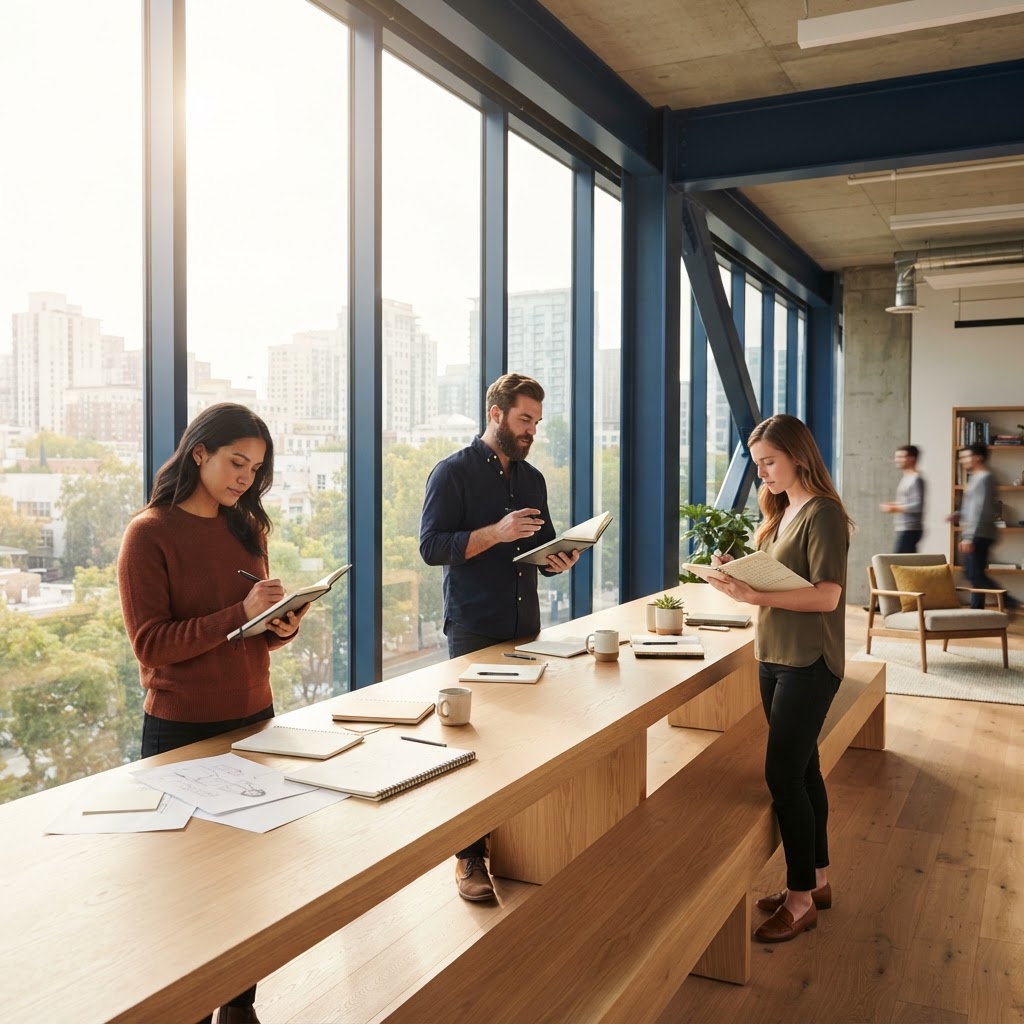 Diverse team members working at a clean collaborative bench