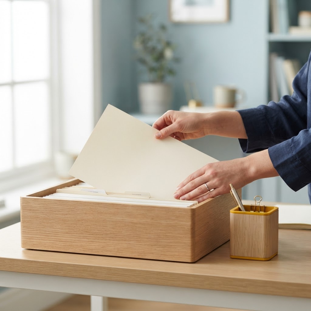 Hands placing paper into a neat organizer tray