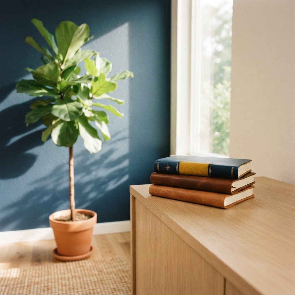 Minimalist office corner with a small stack of journals