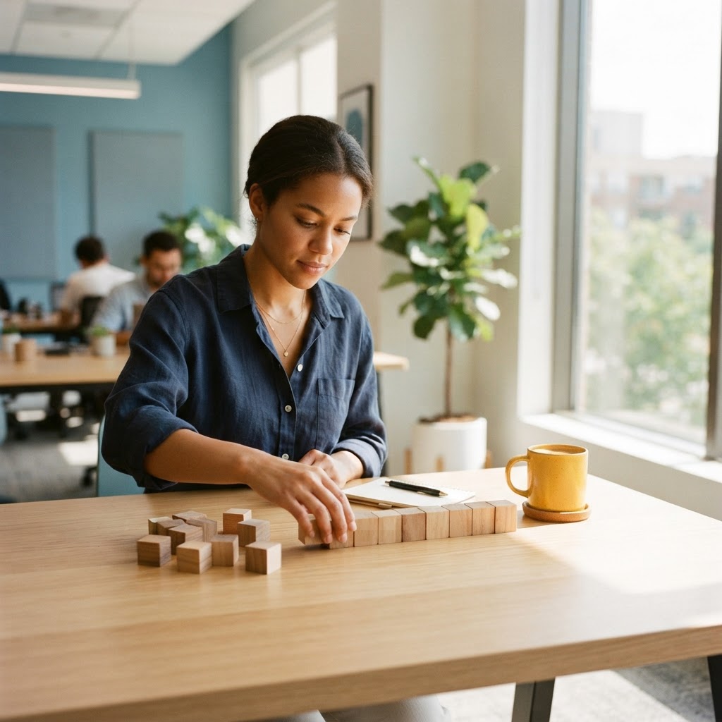 Person organizing wooden blocks on a clean wooden table