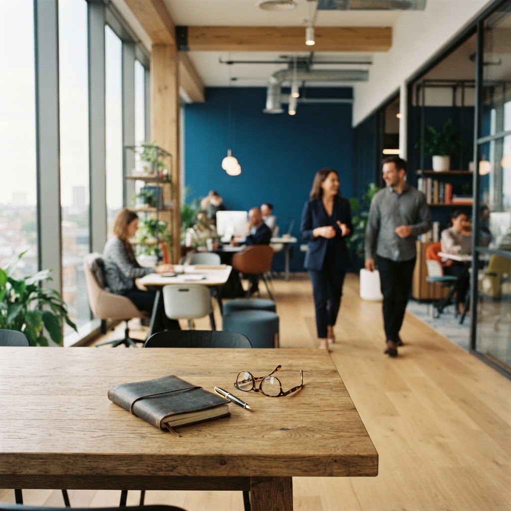 Colleagues walking through a bright modern workspace