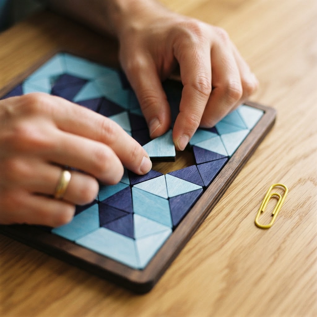 Hands assembling a wooden puzzle on a desk