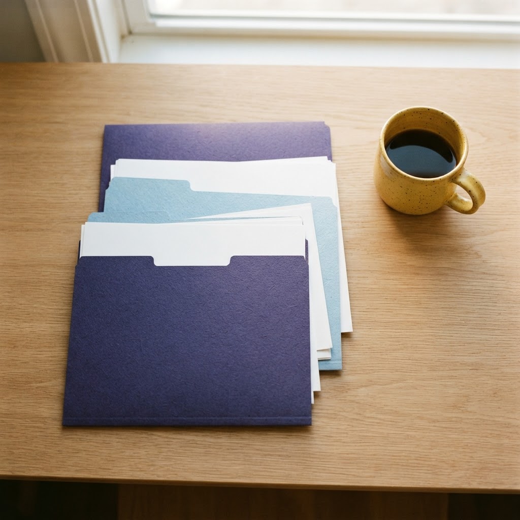 Neatly organized file folders on a wooden desk