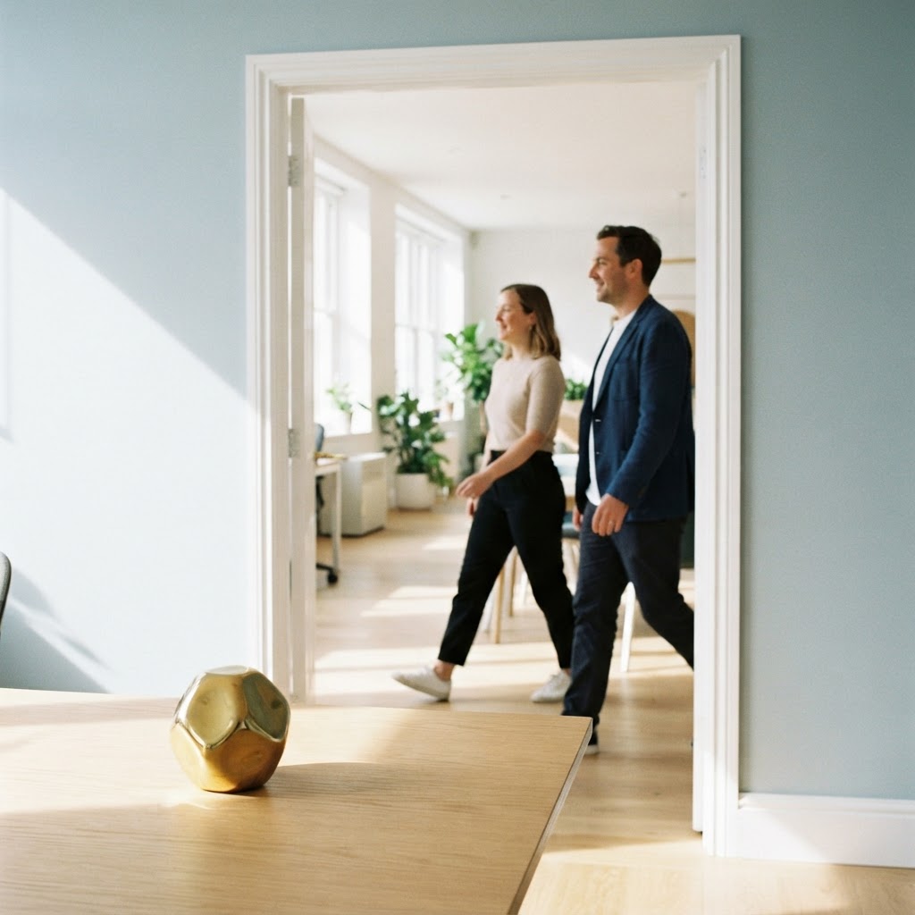 A founder and ops lead walking toward a bright, clutter-free workspace