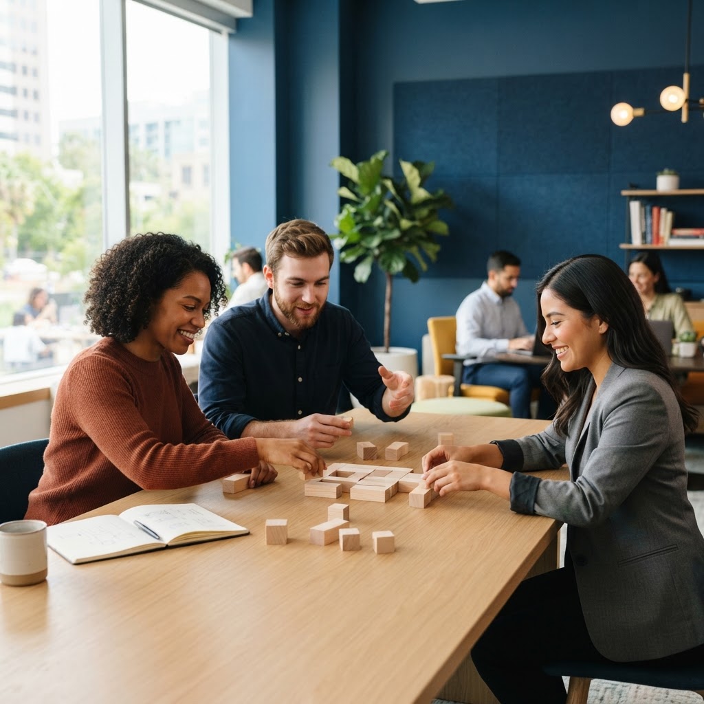 A team collaborating around a table using wooden blocks to organize roles