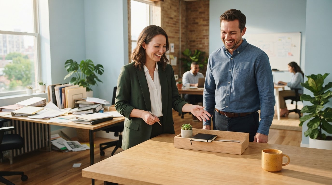 Founder and ops lead shifting from messy paperwork to an organized workspace