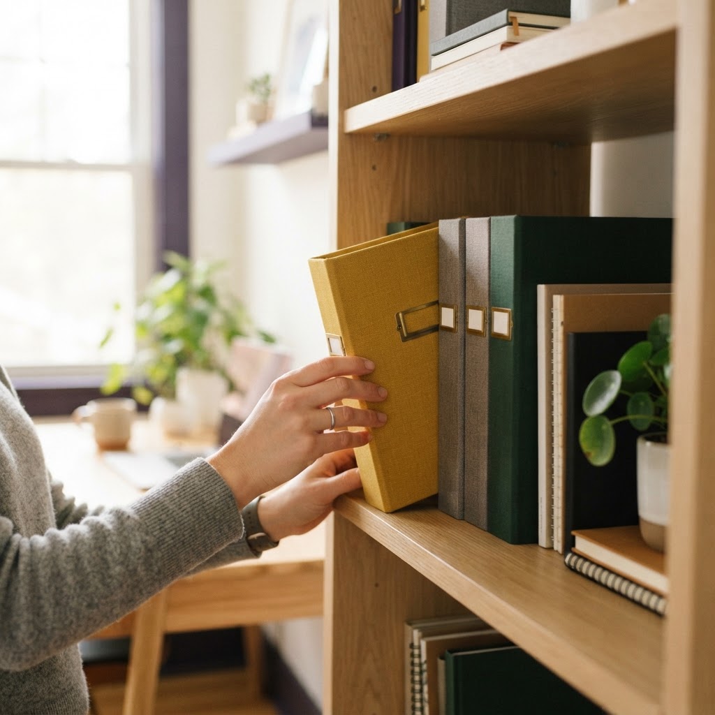 Hands neatly organizing files on a shelf in a sunlit office