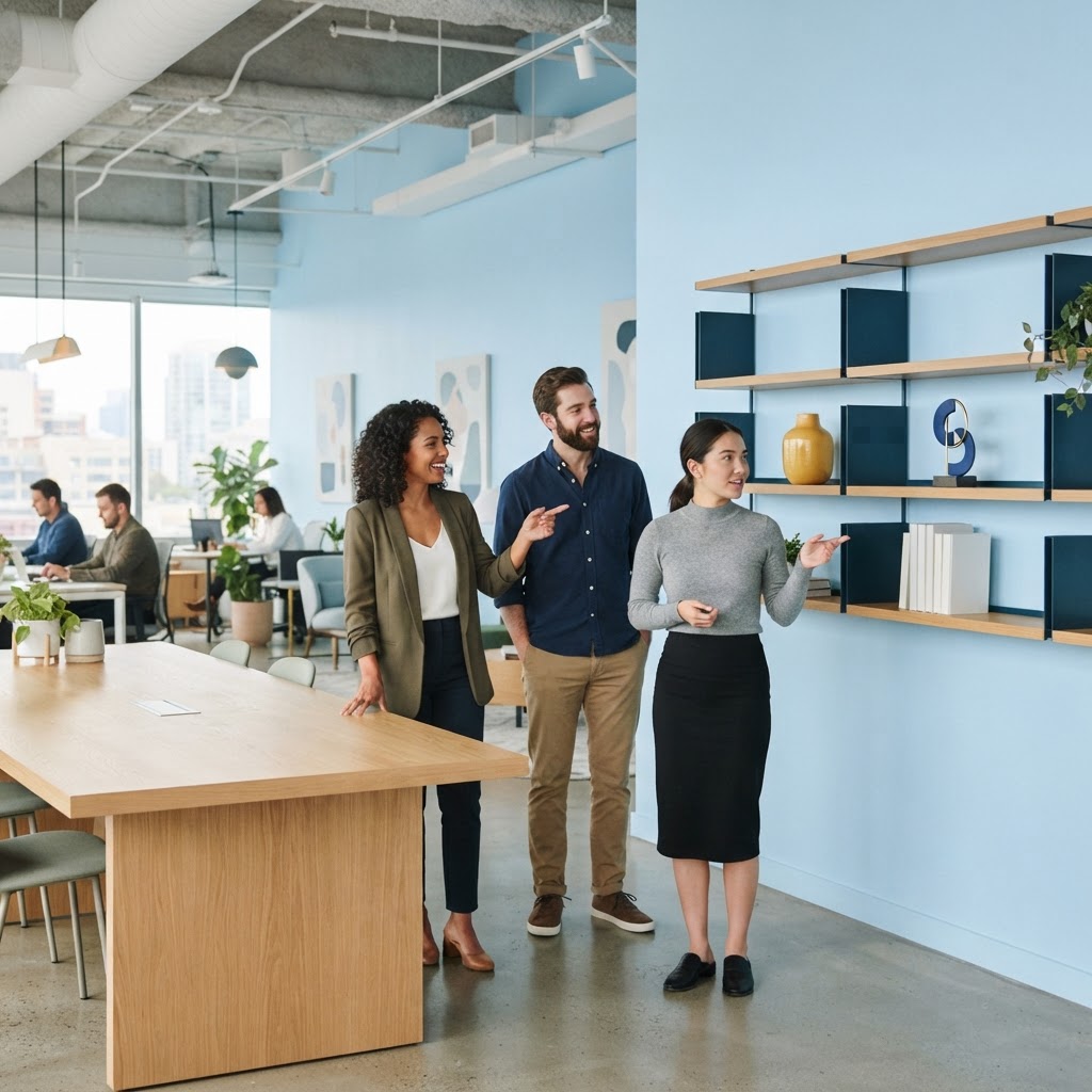 A team gathering in a bright office space discussing organization