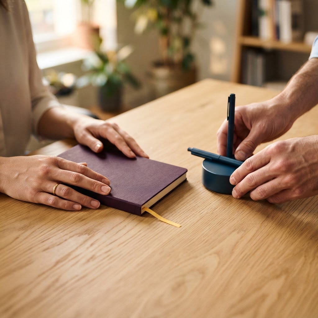 Close up of hands organizing desk materials in a modern workspace