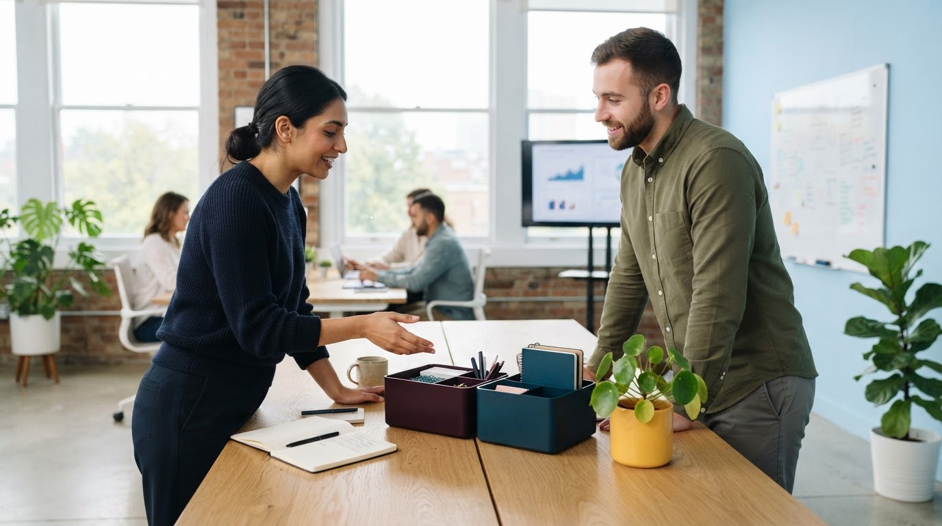 Two people comparing two distinct organizational choices in a bright office