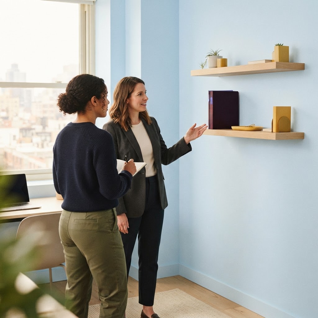 Two professionals looking at organized shelves in a modern office