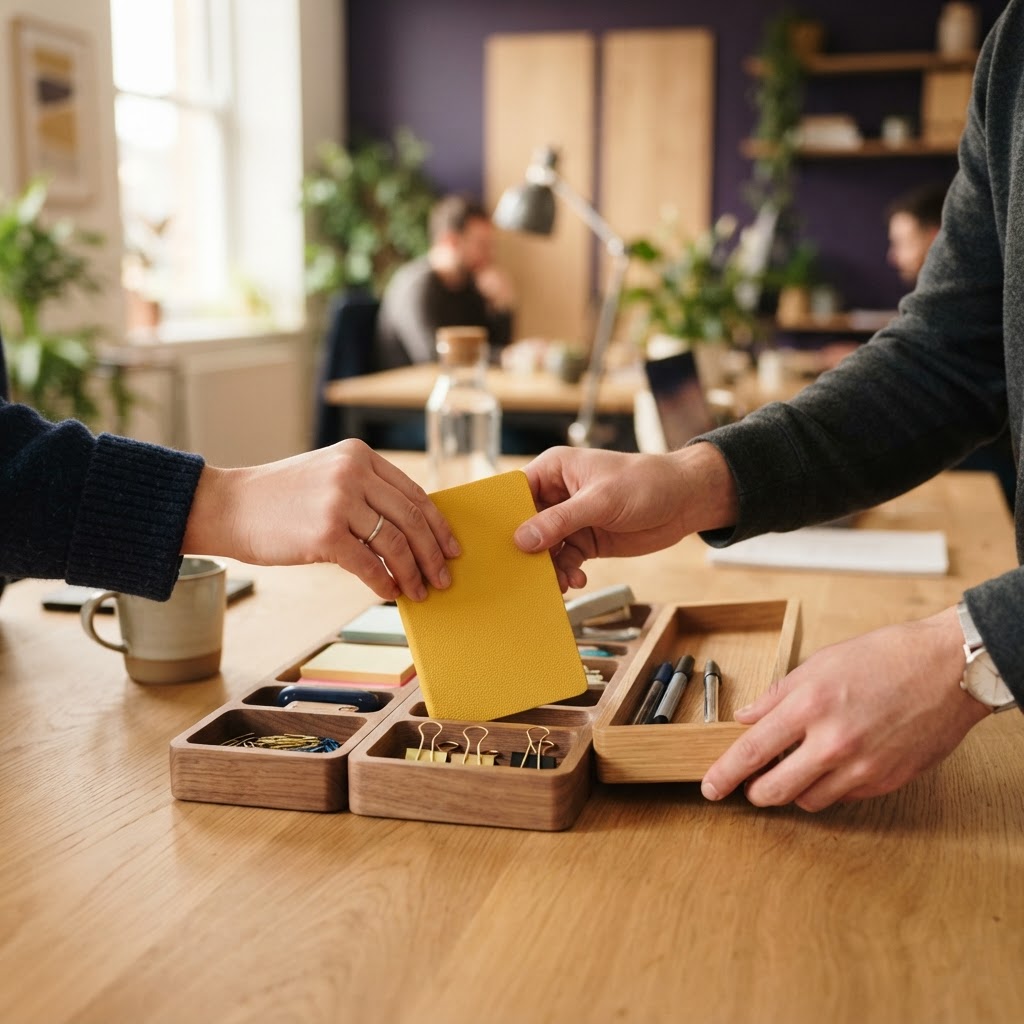 Hands organizing wooden desk trays in a bright office