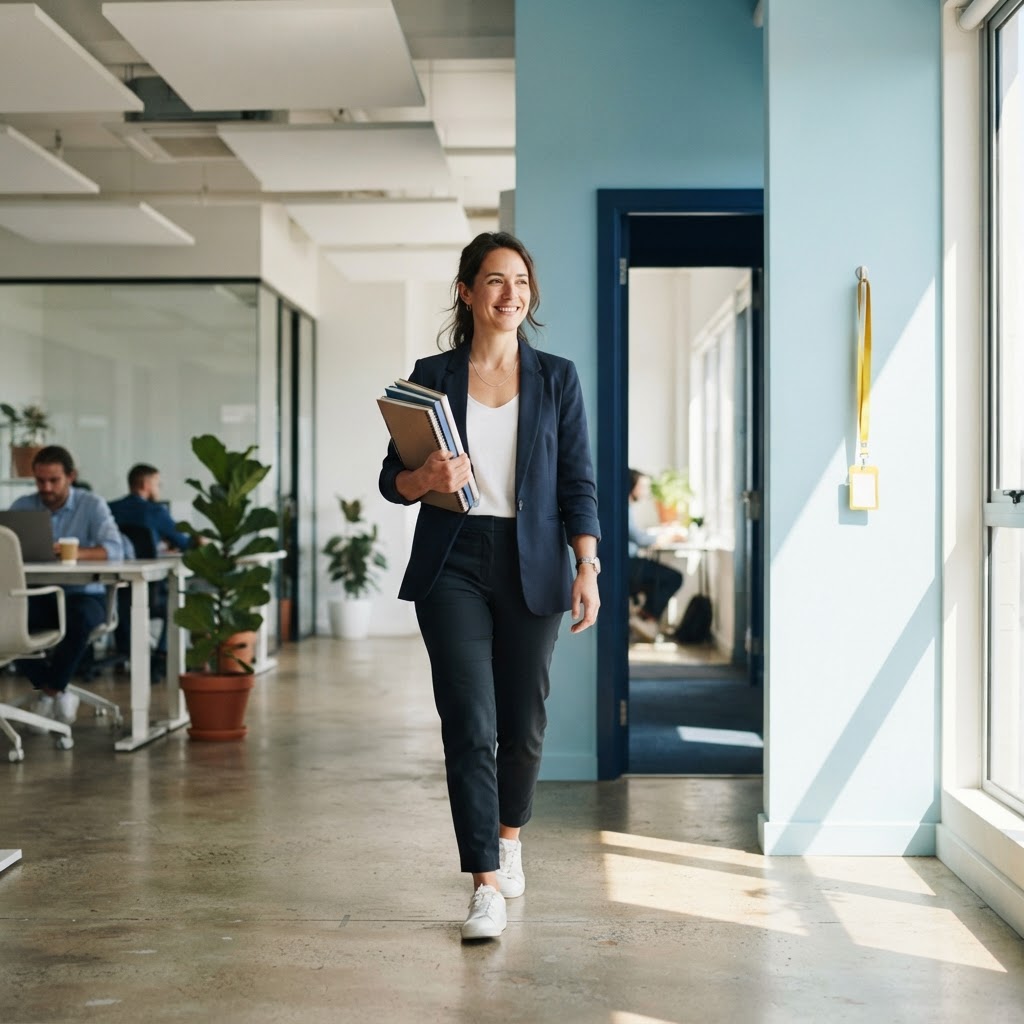 Operations lead walking through a bright modern office