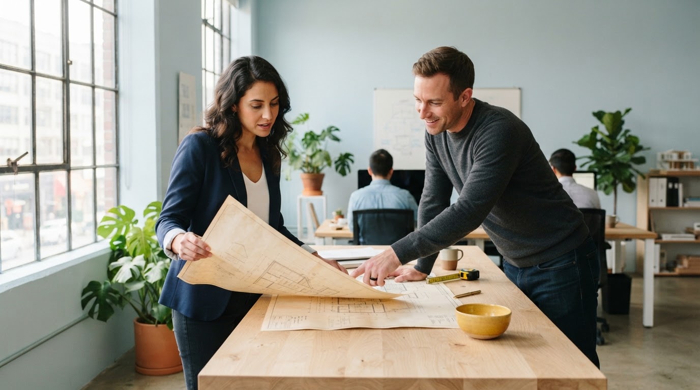 Two founders discussing plans in a sunlit modern office