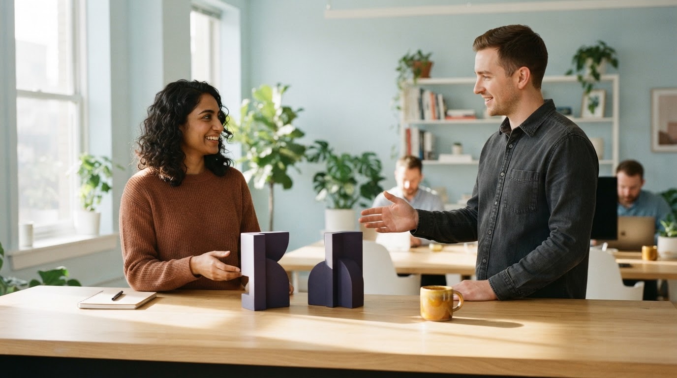 A founder and operations lead comparing two systems on a wooden workbench