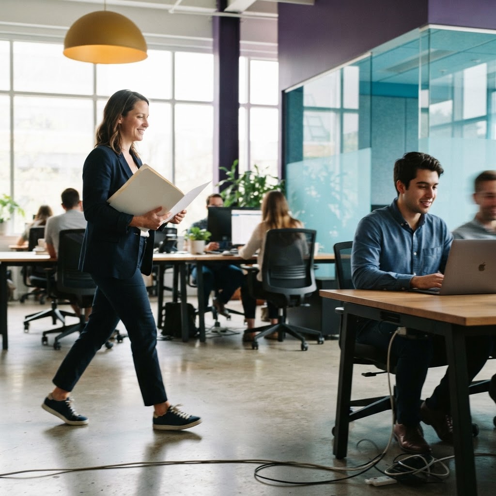 An operations lead walking through a bright, collaborative office space