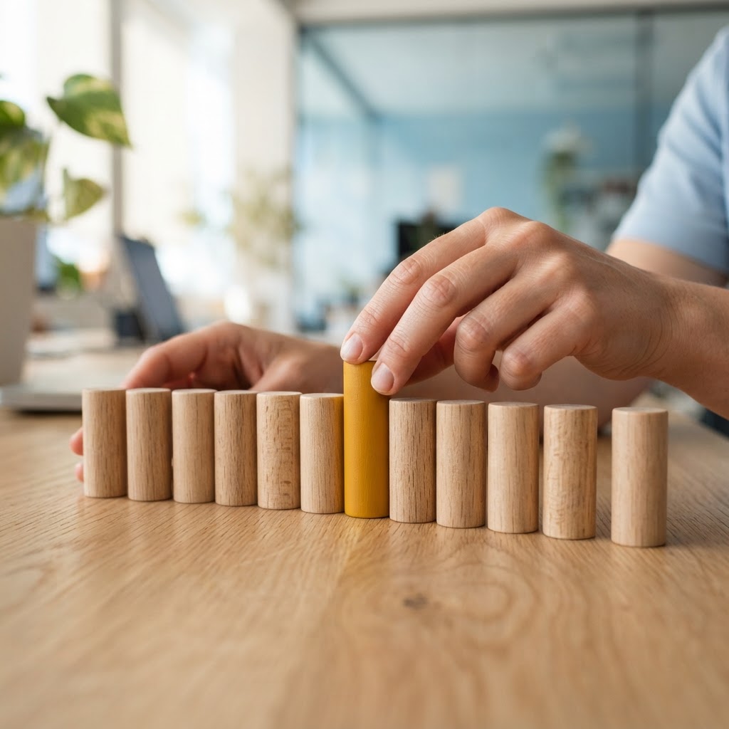 Hands arranging minimalist wooden markers on an oak desk
