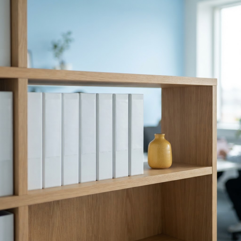 Clean organized bookshelf in a modern office with yellow vase