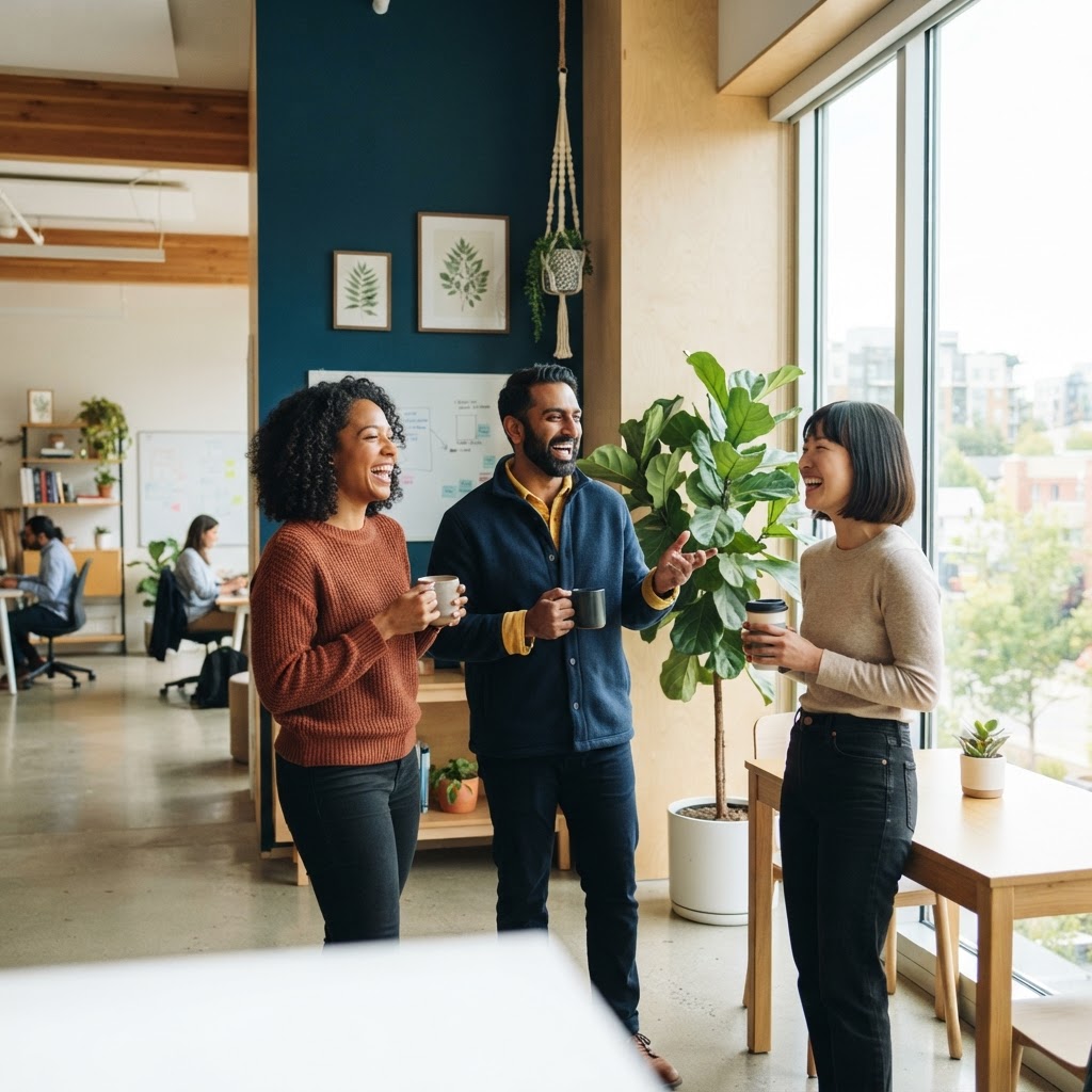 Diverse team laughing and talking in a bright sunlit office