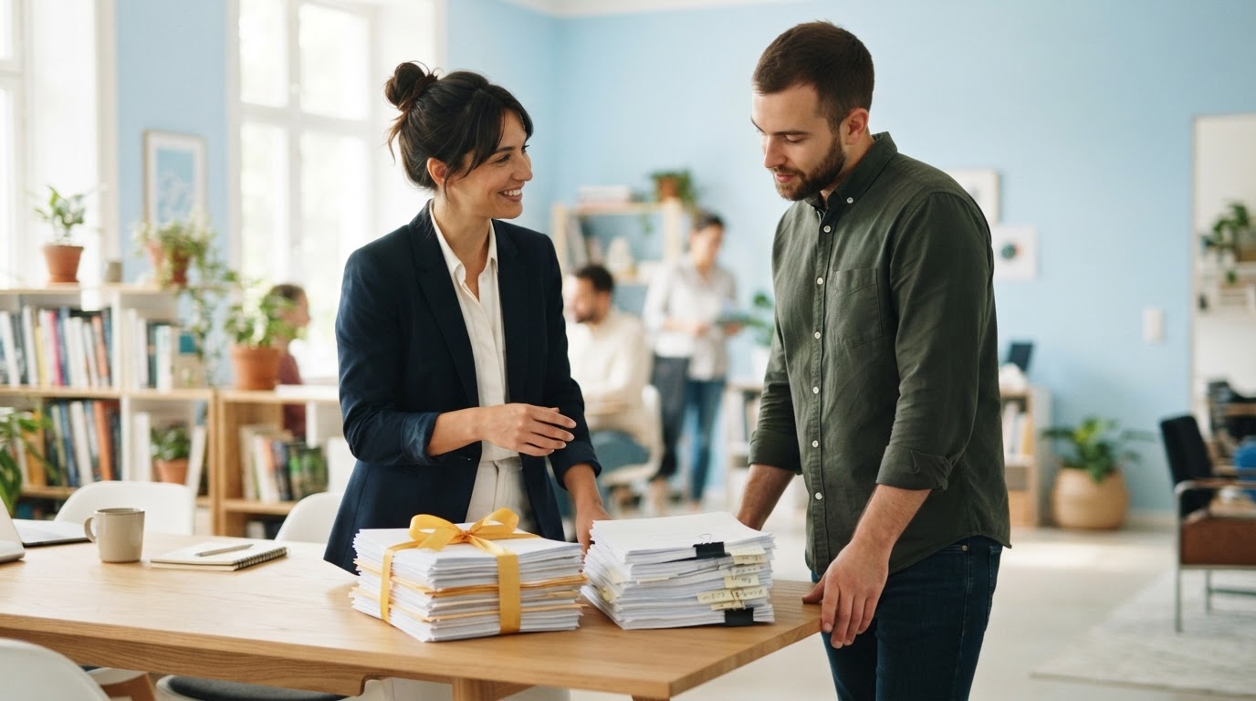 Founder and ops lead comparing two organized stacks of paperwork