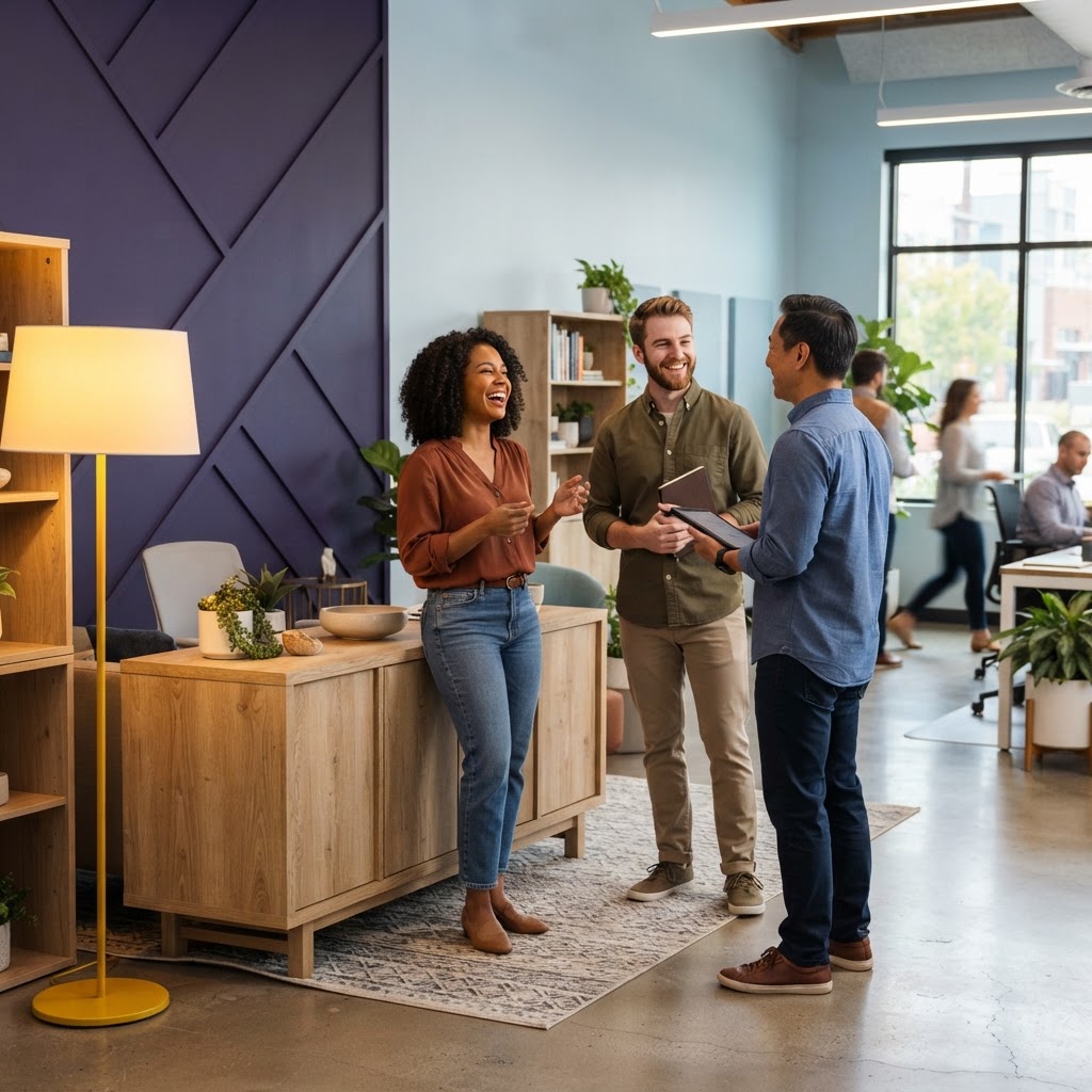 A diverse team collaborating in a bright modern workspace