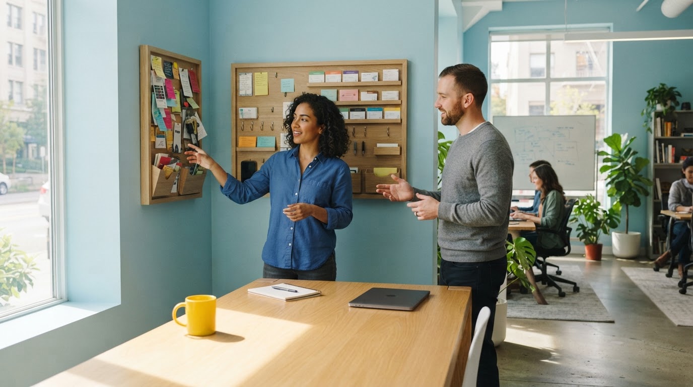 A founder and operations lead comparing two physical organizers in a sunlit modern office