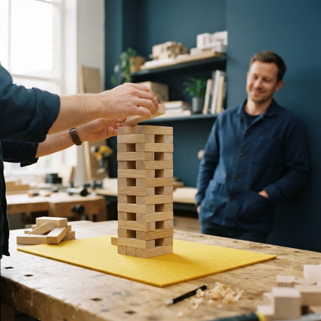 Building a stable wooden block structure in a sunlit office